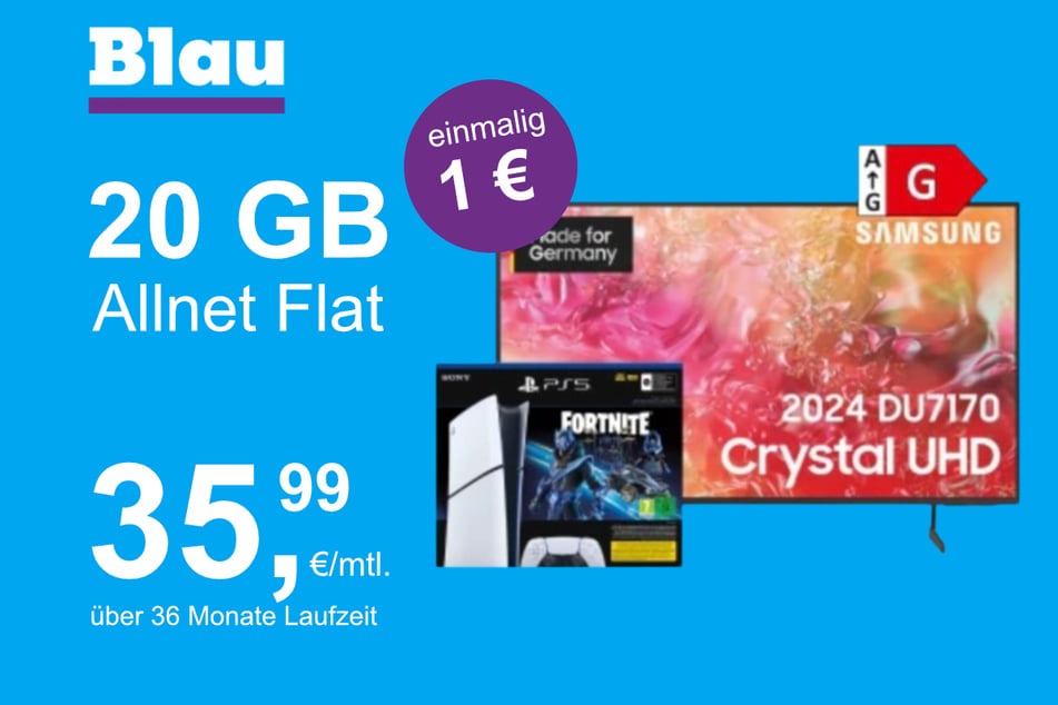 Den Samsung 65-Zoll Crystal UHD-TV gibt's + PS5 Slim Digital Fortnite gibt's jetzt bei Blau für einmalig nur 1 Euro im Vertrag.