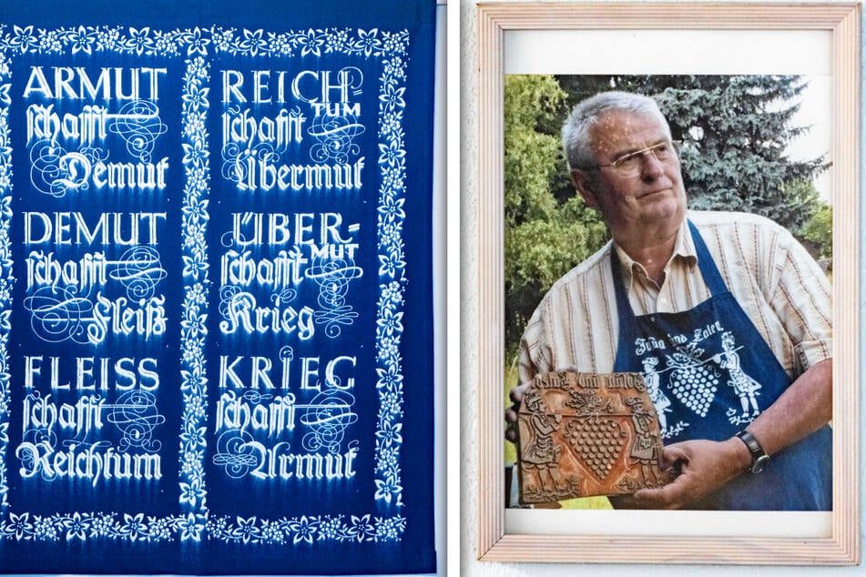 Thieme (r.) und Hofmann sind beides gebürtige Pulsnitzer. Links daneben: Sprüche aus dem 13. Jahrhundert auf einem Schlesischen Hungertuch, in Blaudruck verewigt und käuflich. Kostenpunkt: 48 Euro.