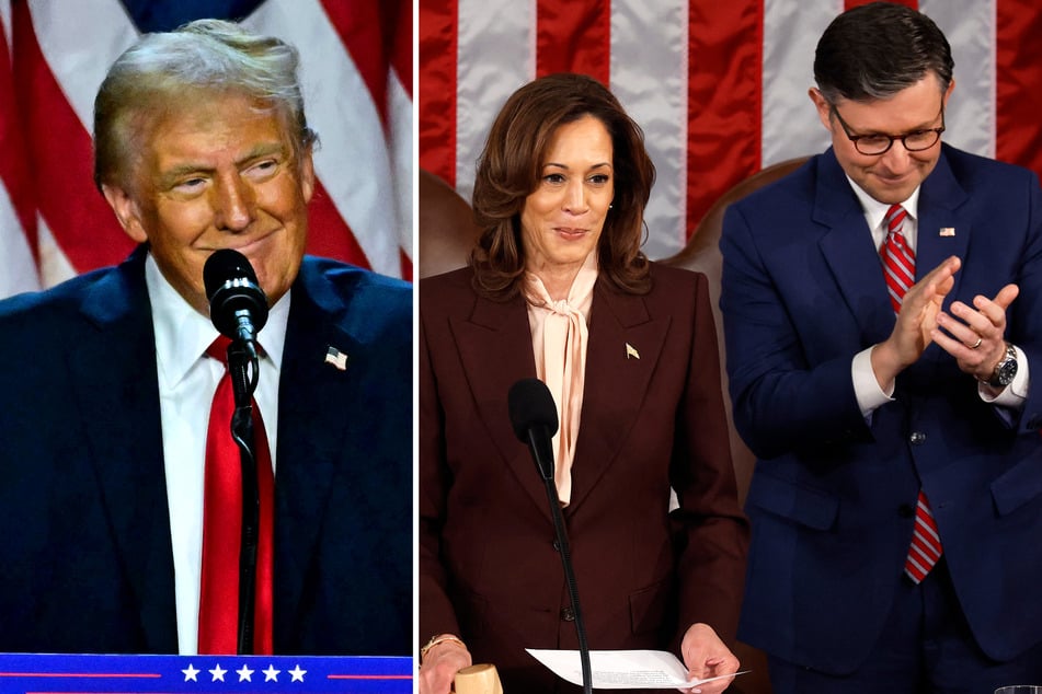 Donald Trump (l.) capped a historic political comeback on Monday as Congress certified his election victory, with Kamala Harris (c.) overseeing the process.