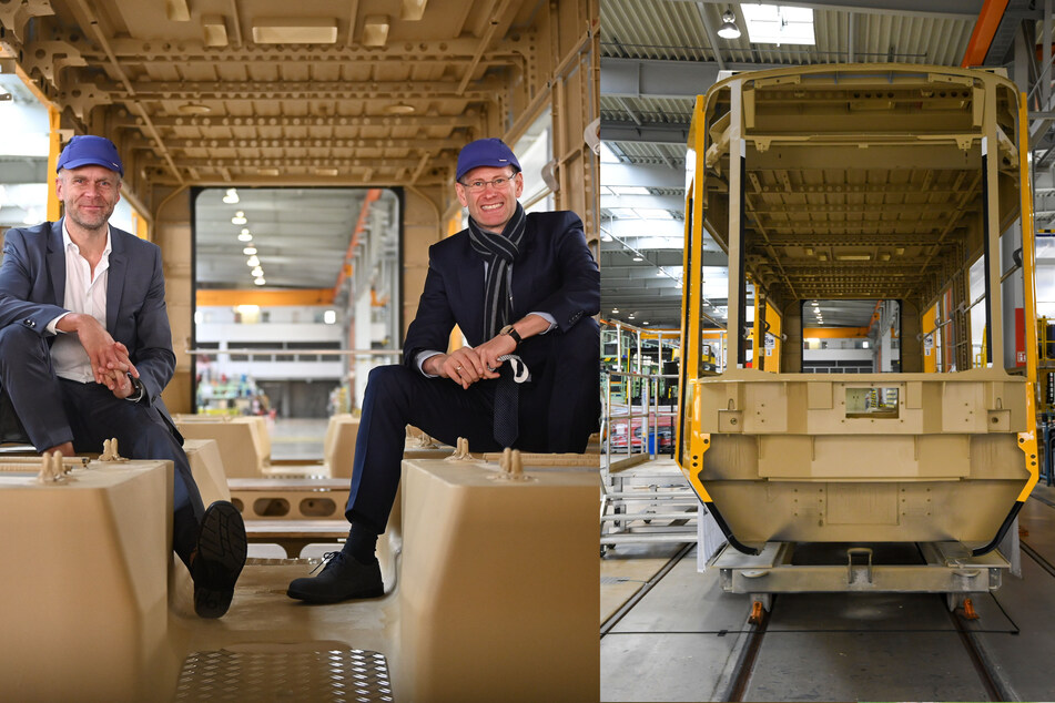 Die DVB-Chefs Lars Seiffert (52, l.) und Andreas Hemmersbach (52) beim Probesitzen. Im Görlitzer Bombardier-Werk werden die neuen DVB-Bahnen montiert.