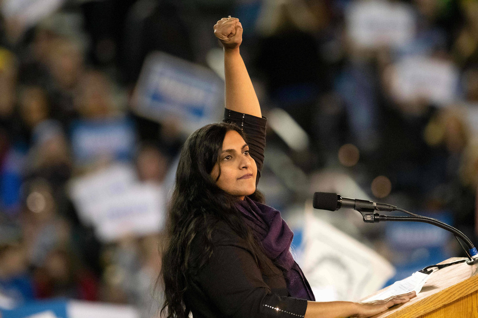 Seattle City Councilmember Kshama Sawant speaks to the crowd at a rally for Bernie Sanders' 2020 presidential campaign.