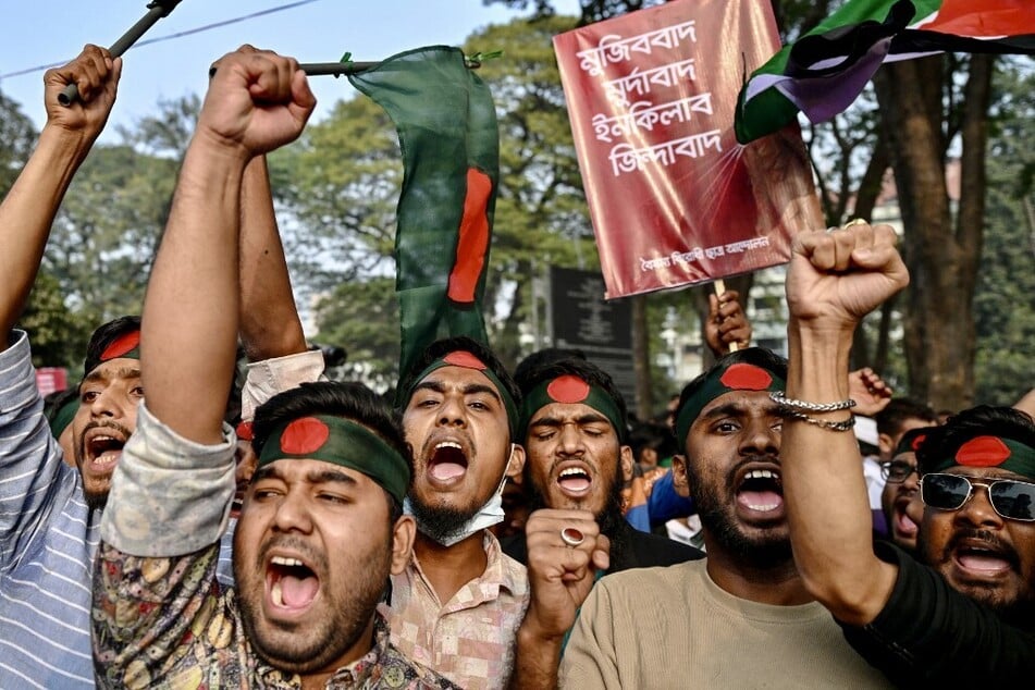 Students and supporters shout slogans during the March for Unity program organized by the Anti-Discrimination Student Movement in Dhaka, Bangladesh, on December 31, 2024.