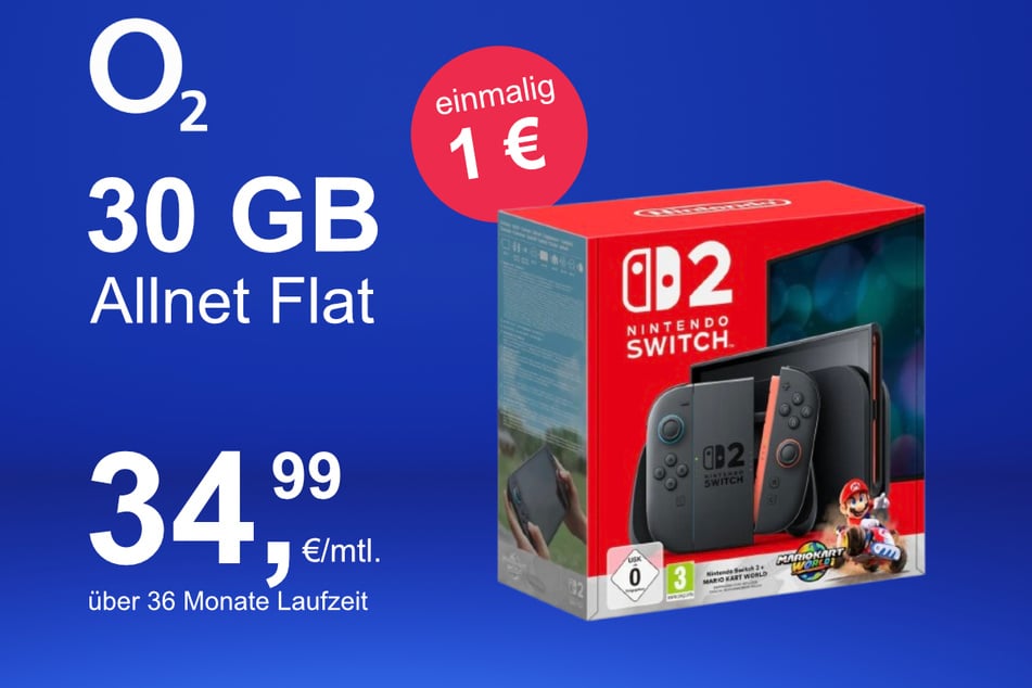 Die Nintendo Switch 2 plus Mario Kart World im o2 Mobile M inkl. 30 GB+ für einmalig nur 1 Euro.