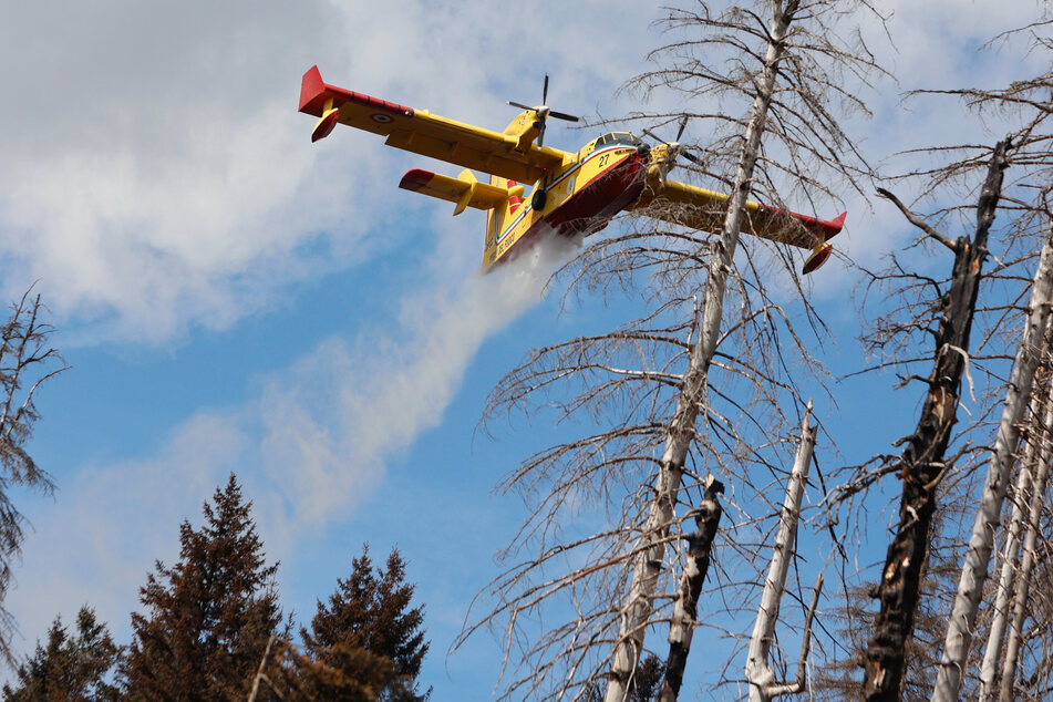 Ein Flugzeug der italienischen Feuerwehr wirft im Einsatzgebiet am Brocken Wasser ab.