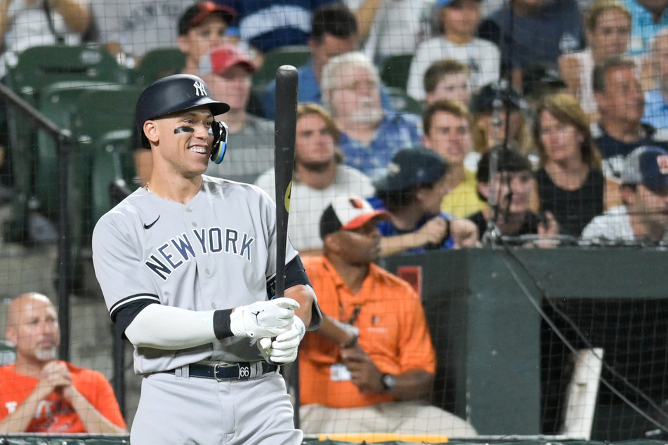 New York Yankees right fielder Aaron Judge reacts prior to a first inning at bat against the Baltimore Orioles at Oriole Park at Camden Yards.
