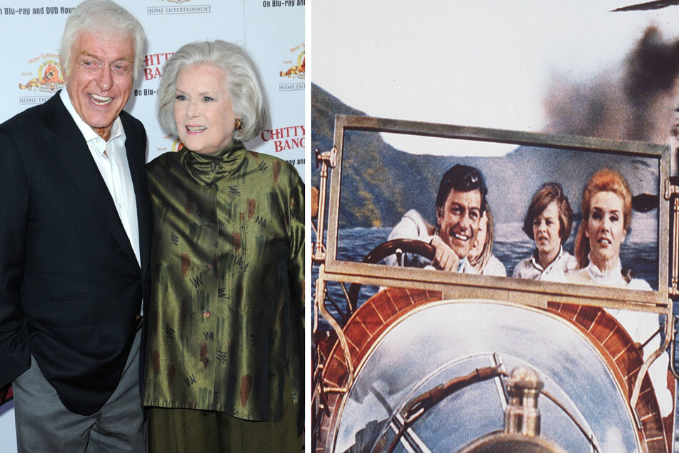 Actor Dick Van Dyke pictured with Sally Ann Howes (l.) at an event in 2010 for Chitty Chitty Bang Bang, the classic film they starred in together in 1968 (r.).