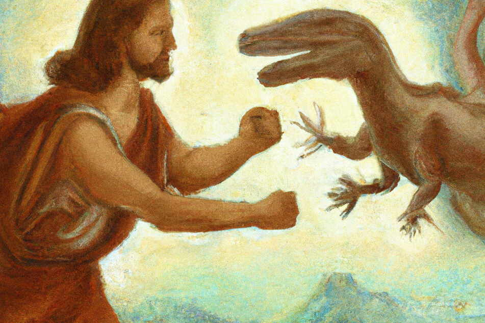 "A painting of Jesus fighting a dinosaur" sounds like the battle of the century!
