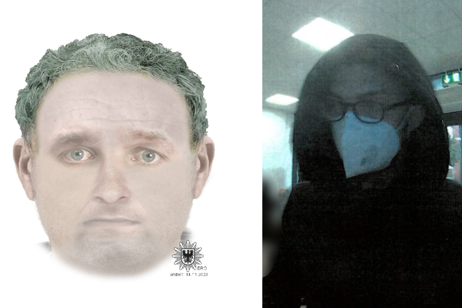 Mit diesem Phantombild (l.) und einer Aufnahme aus einer Überwachungskamera sucht die Polizei Brandenburg nach drei tatverdächtigen Personen.