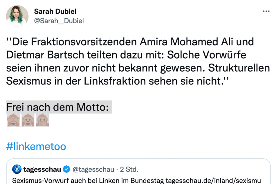 Auf Twitter übte Sarah Dubiel (27) offen Kritik an Amira Mohamed Ali (42) und Dietmar Bartsch (64), den beiden Vorsitzenden der Bundestagsfraktion der Linkspartei.