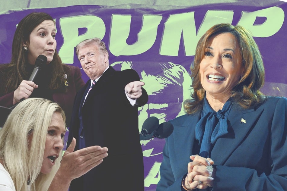 Donald Trump (3rd from left) and other MAGA Republicans shared their reactions on social media as Kamala Harris (right) gave her first big interview on Thursday night.