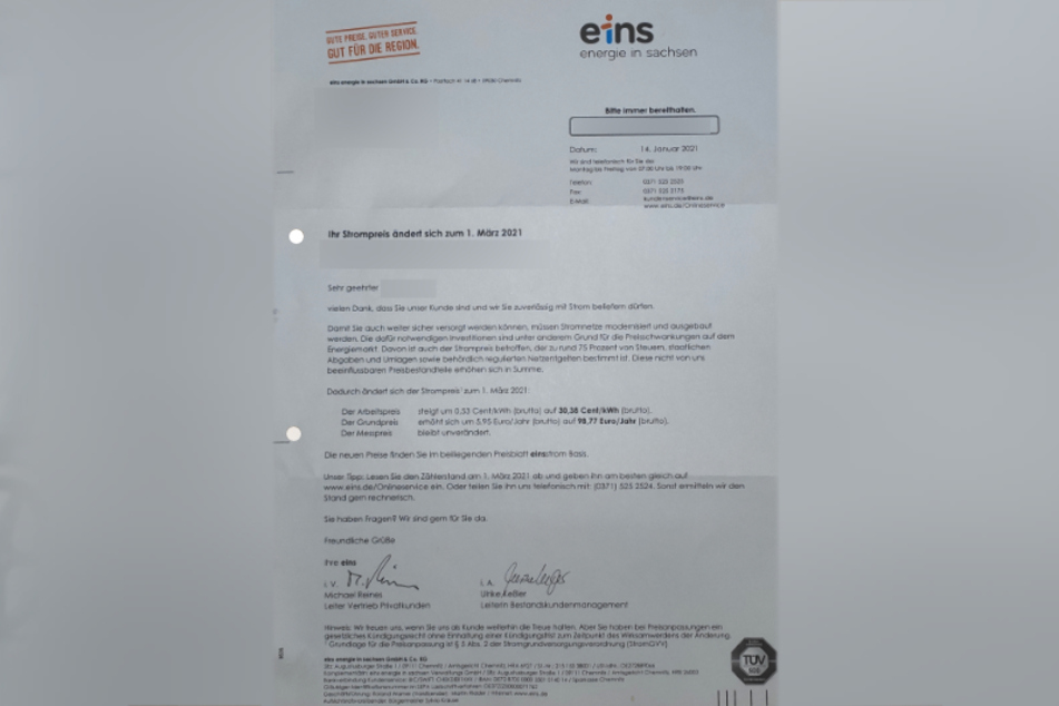Dieser Brief flatterte bei vielen "Eins"-Kunden ins Haus. Das Chemnitzer Unternehmen kündigt eine Preiserhöhung an.