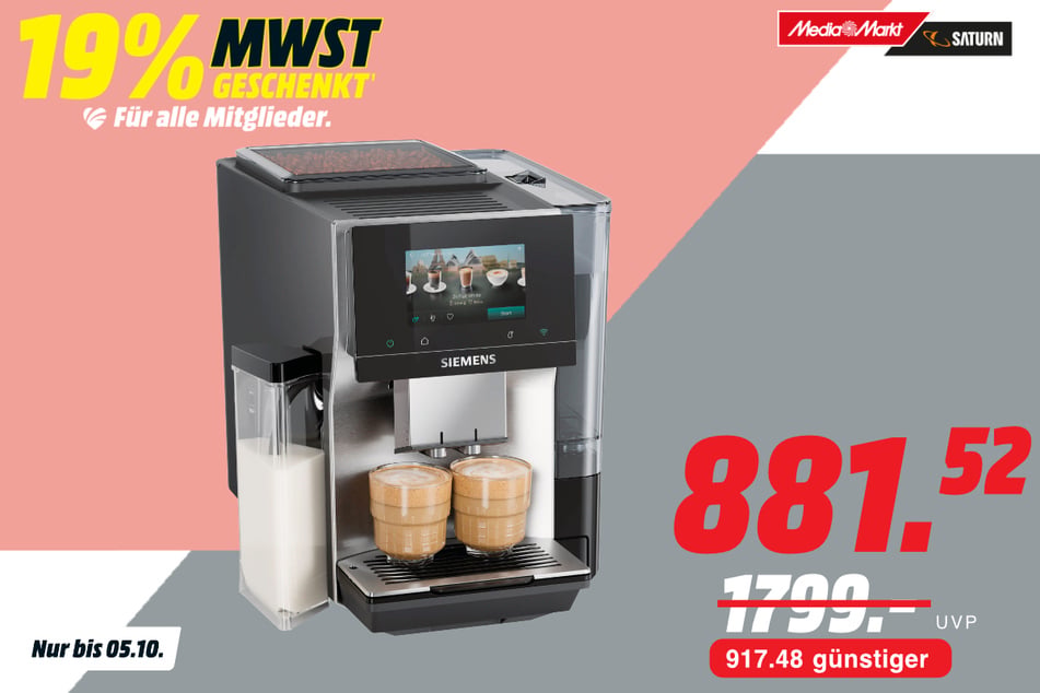 Siemens-Kaffeevollautomat EQ700 iAroma TQ723E03 für 881,52 statt 1.799 Euro.