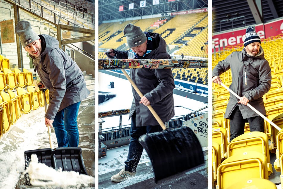 Eislöwen-Sportdirektor Jens Baxmann (40, l.), Sponsoringleiter Steve Maschik (M.) und Geschäftsführer Maik Walsorf (38, r.) packten beim Schneeschippen am Samstagvormittag mit an.
