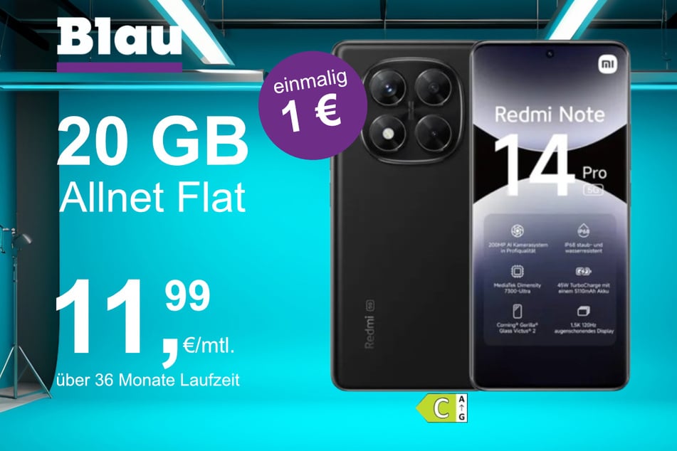 Das Xiaomi Redmi Note 14 Pro im Blau Allnet M für einmalig 1 Euro.