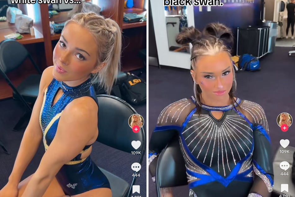 In a viral TikTok, Olivia Dunne (l.) and teammate KJ Johnson embodied the perfect split personalities in a nod to Black Swan.