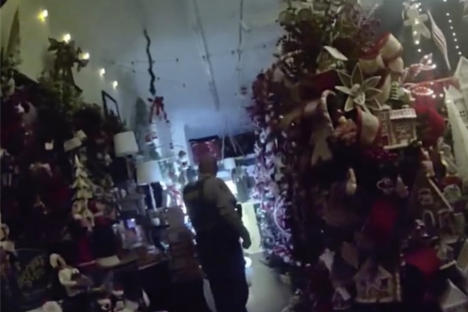 Die Polizisten jagen dem verirrten Tier in dem Weihnachtsgeschäft hinterher.