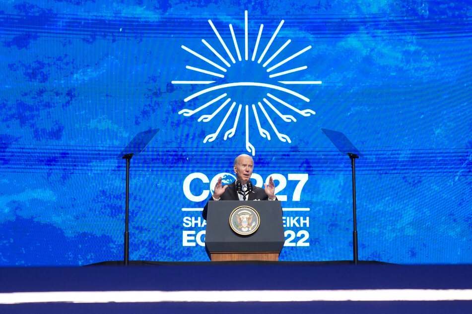 US President Joe Biden addressing the COP27 climate conference in Sharm el-Sheikh, Egypt.