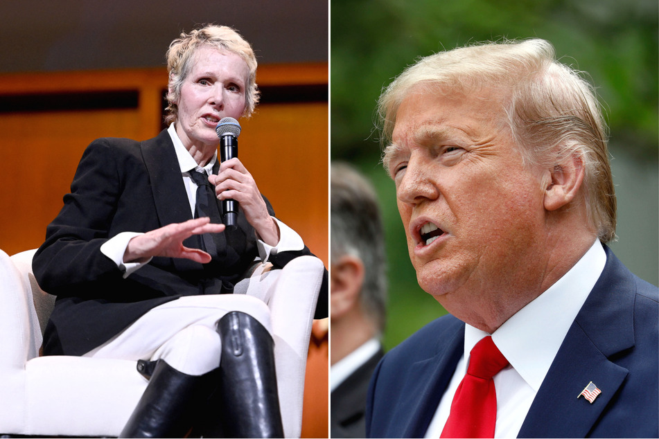 Lawyers for Donald Trump argued that he shouldn't be present at his defamation trial from E. Jean Carroll (l.) because it would "burden" New York City.