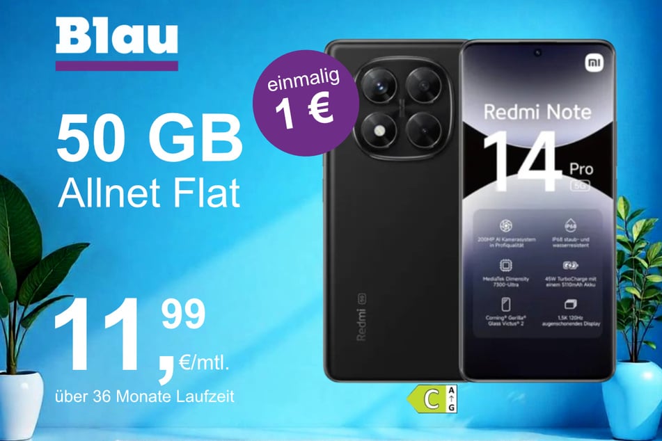 Das Xiaomi Redmi Note 14 Pro im Blau Allnet XL für einmalig 1 Euro.