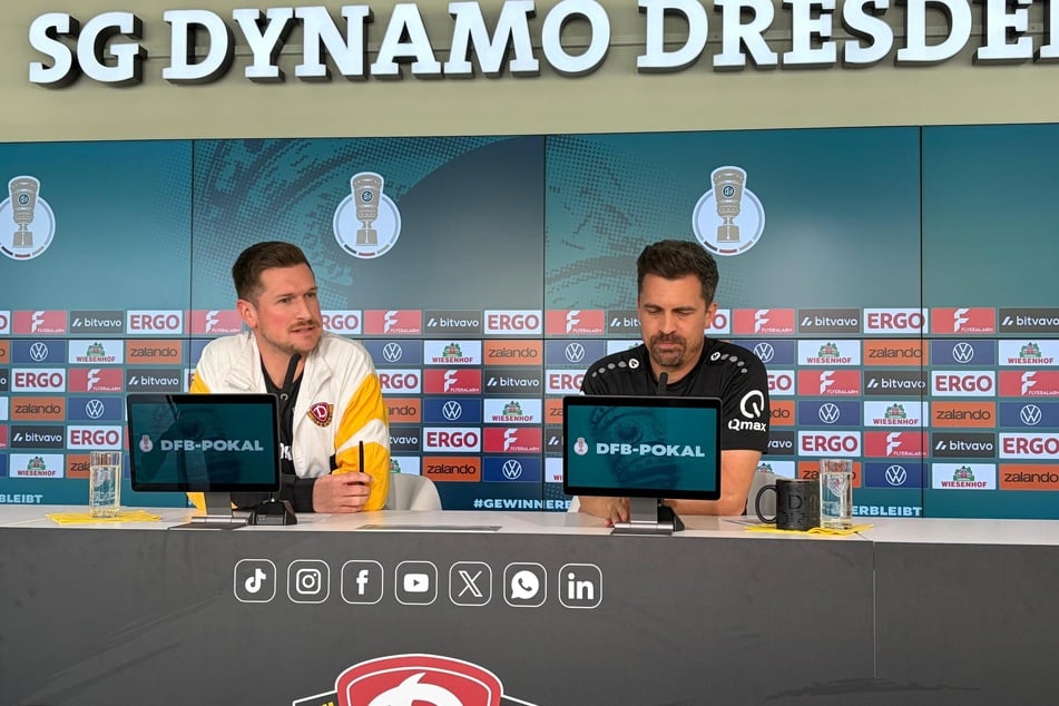 Dynamo-Chefcoach Thomas Stamm (43, r.) kann gegen den FC Schalke 04 auf dieselben Akteure setzen wie zuletzt in Kiel.