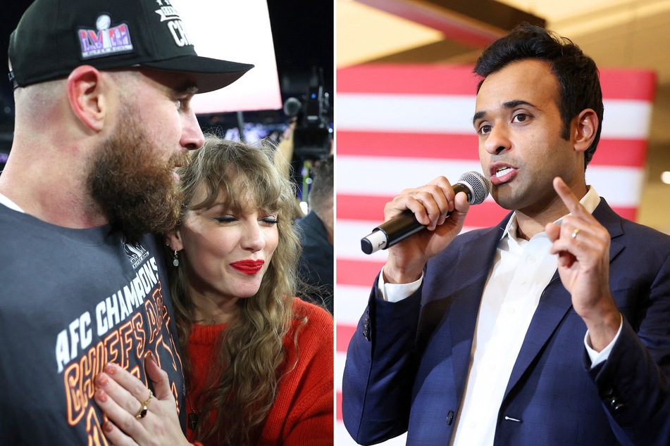 Vivek Ramaswamy (r.) recently predicted that the upcoming Super Bowl will be rigged so that Taylor Swift and her boyfriend (l.) can endorse President Joe Biden.
