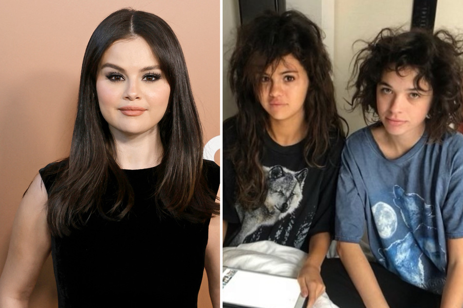 Selena Gomez (l) shared a throwback photo of herself and Connar Franklin suffering some serious cases of bedhead.