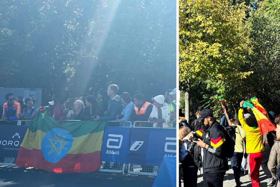 Mit der Flagge Äthiopiens feuerten viele Fans die Läufer in der ganzen Stadt an.