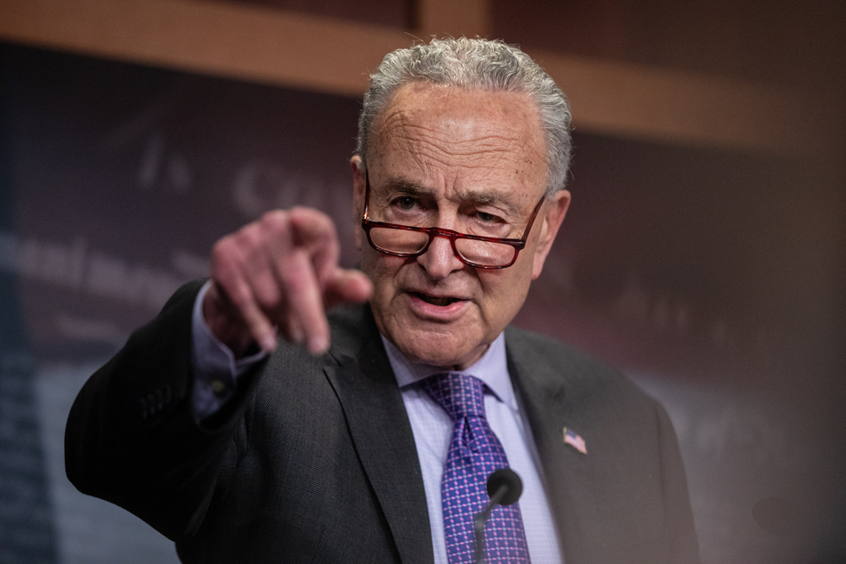 Senate Majority Leader Chuck Schumer (D-NY) calls on a reporter during a press conference following a vote to protect access to IVF treatment on Capitol Hill on Thursday in Washington, DC.