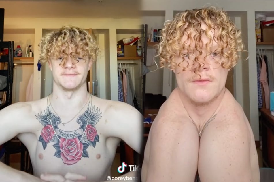 These pictures are neither edited, nor are they from a TikTok filter! Corey Bennett can actually clap his shoulders together (collage).
