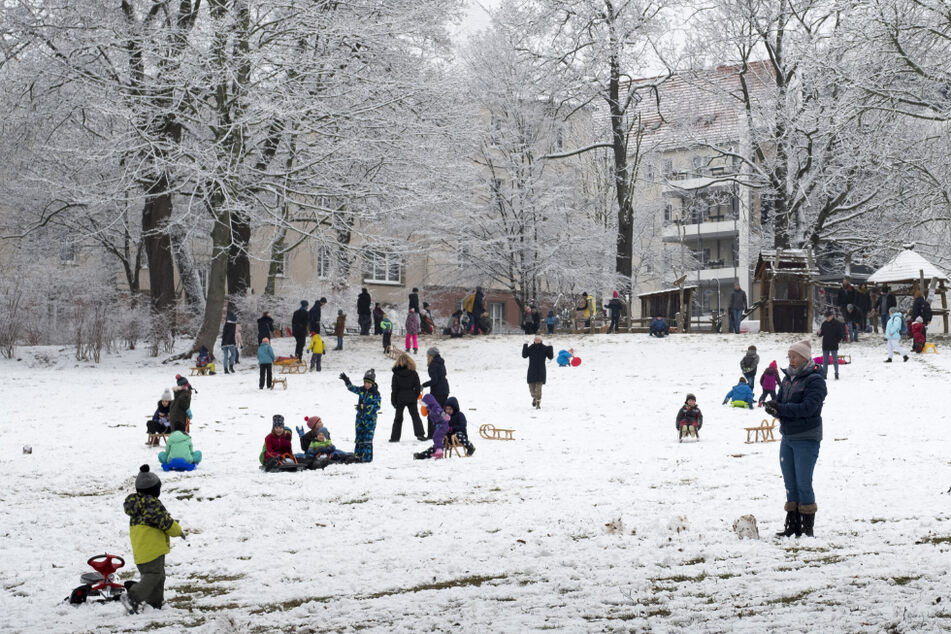 Am Gerhard-Hauptmann-Platz nutzten viele Familien den ersten Schnee für Rodelspaß und Schneeballschlacht.