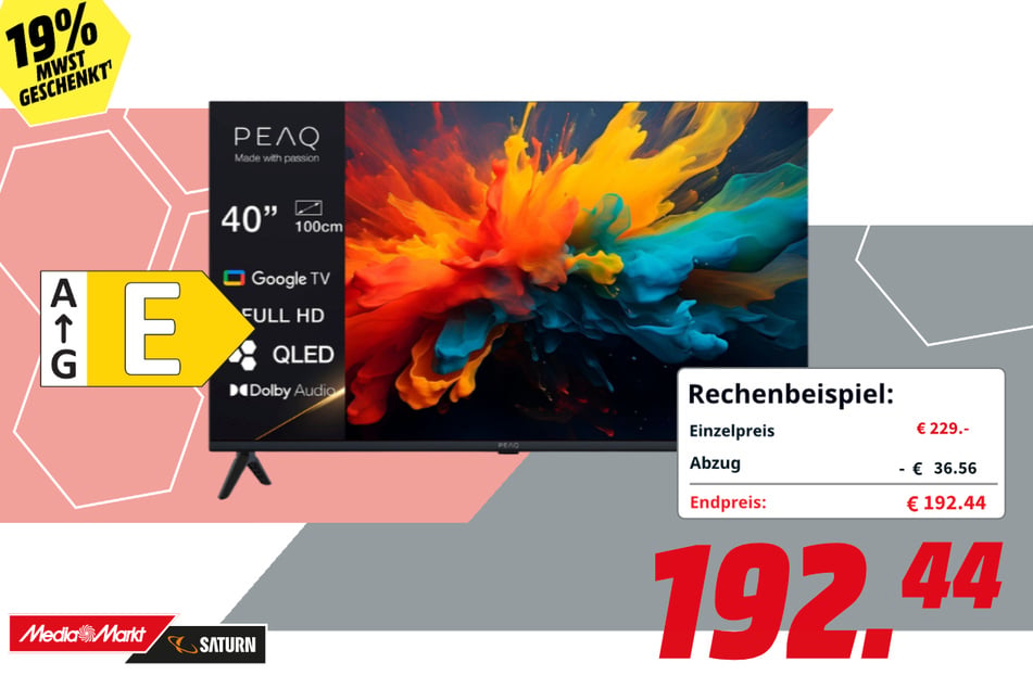 40-Zoll Peaq-Fernseher PTV 40GQF-5026T für 192,44 Euro.