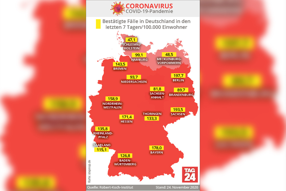 Die Deutschland-Karte mit den tagesaktuellen Sieben-Tages-Inzidenz-Werten der Bundesländer.
