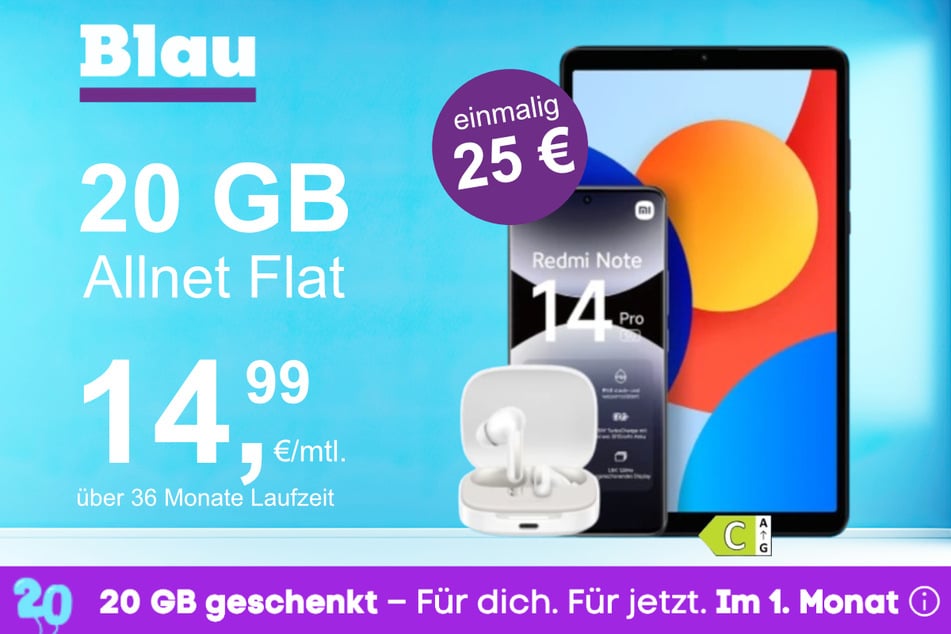 Das Xiaomi Redmi Note 14 Pro + Pad SE + Buds 6 im Blau Allnet M für einmalig 25 Euro.