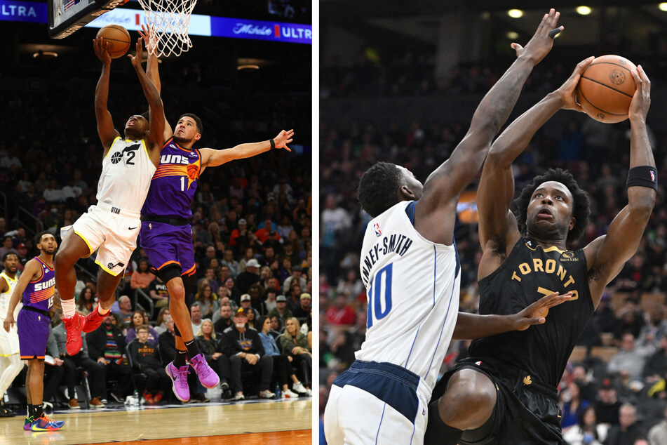 Left: Utah Jazz guard Collin Sexton drives to the basket against Phoenix Suns guard Devin Booker in the first half at Footprint Center. Right: Toronto Raptors forward O.G. Anunoby shoots the ball against Dallas Mavericks forward Dorian Finney-Smith in the second half at Scotiabank Arena.