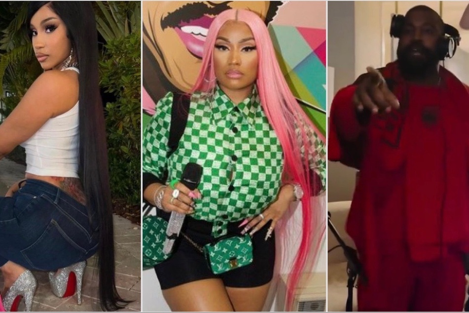Nicki Minaj (c) traded blows with Cardi B (l) and Kanye West (r) this weekend.