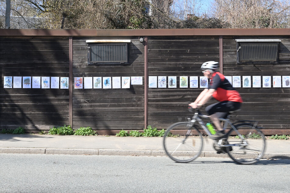 Ein Radfahrer fährt an der Freiluft-Galerie vorbei.
