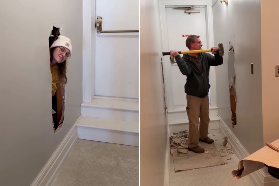 Marley Mikovich schaut durch eines der Löcher. Ihr Kollege haut die andere Wand ein.