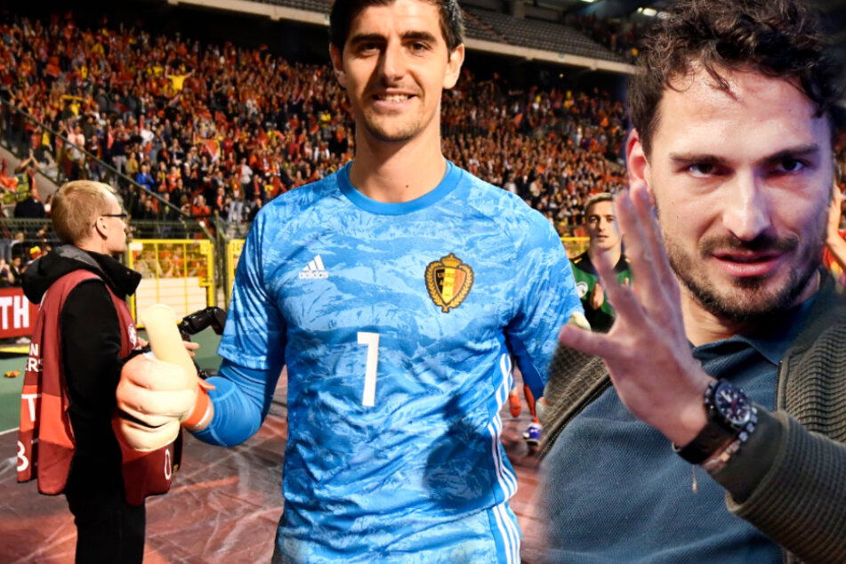 Real Madrids Torhüter Thibaut Courtois (27, links im Bild) und Borussia Dortmunds Verteidiger Mats Hummels (31) duellierten sich an der Konsole im Spiel "NBA 2K20". (Fotomontage)