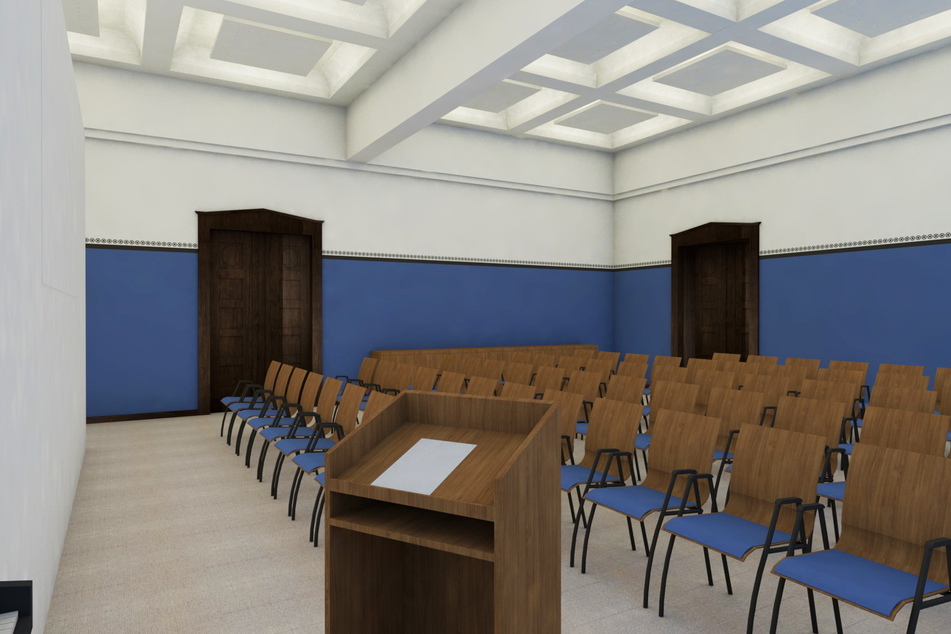 Dieser Hörsaal wird modern gestaltet. Wandfarben und Holztüren orientieren sich hingegen streng am alten Vorbild.