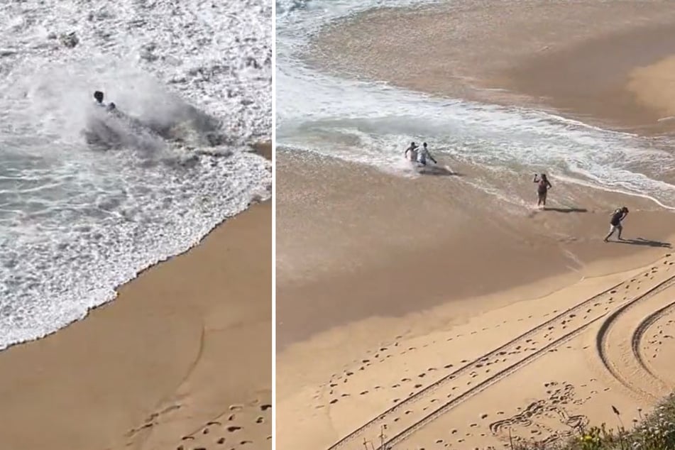 Das Hochzeitspaar wird von einer riesigen Welle erfasst, flüchtet kurz darauf an den Strand.