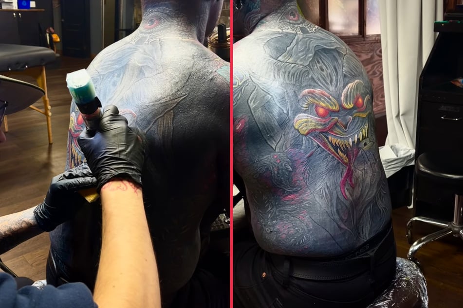 Ink addict Remy reveals insane clown-face back tattoo