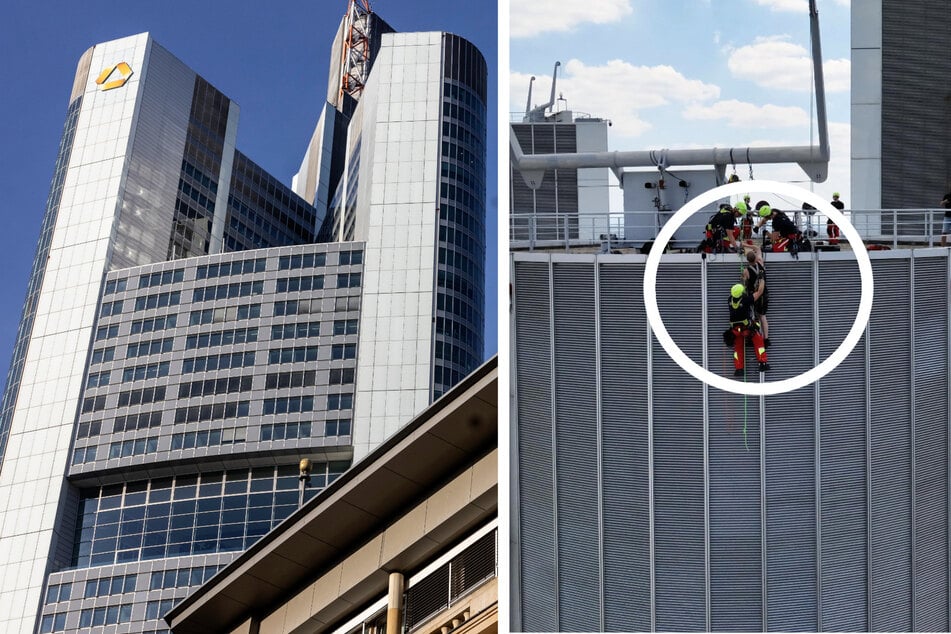 Frankfurt: Spektakuläre Rettung: Fenster-Putzer hängen am Commerzbank Tower auf 200 Metern fest