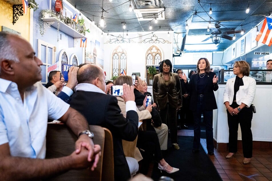 US Vice President and Democratic presidential candidate Kamala Harris campaigns at Freddy &amp; Tony's Restaurant, a Puerto Rican restaurant, in Philadelphia, Pennsylvania, on Sunday.