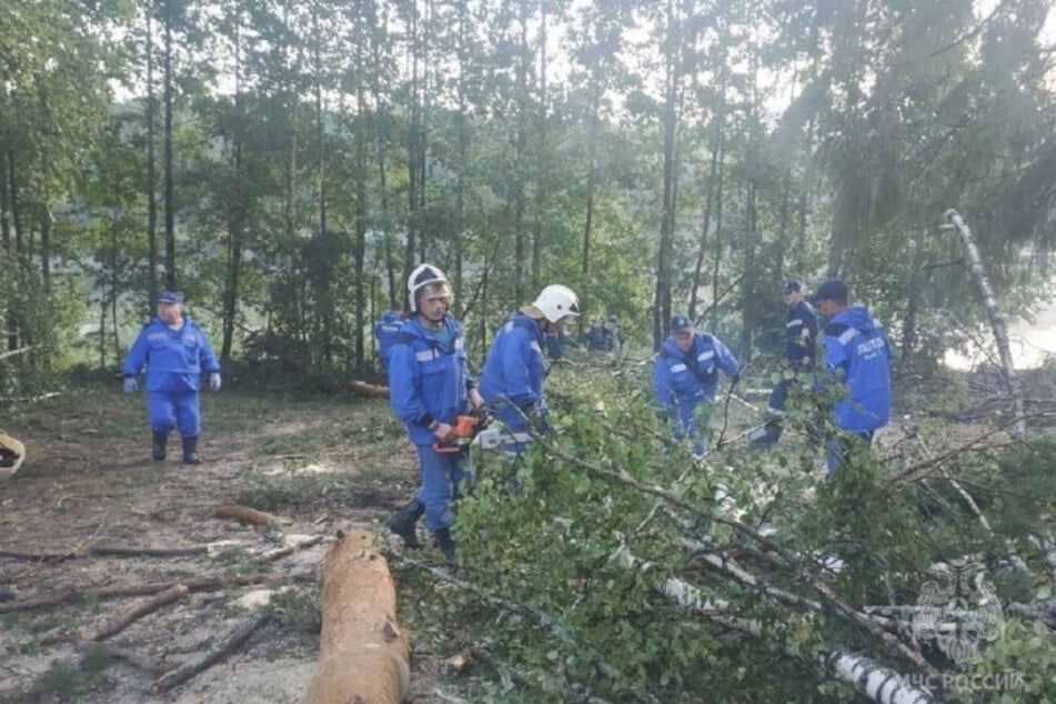 Helfer beseitigen die Bäume, die von dem Wirbelsturm entwurzelt wurden.