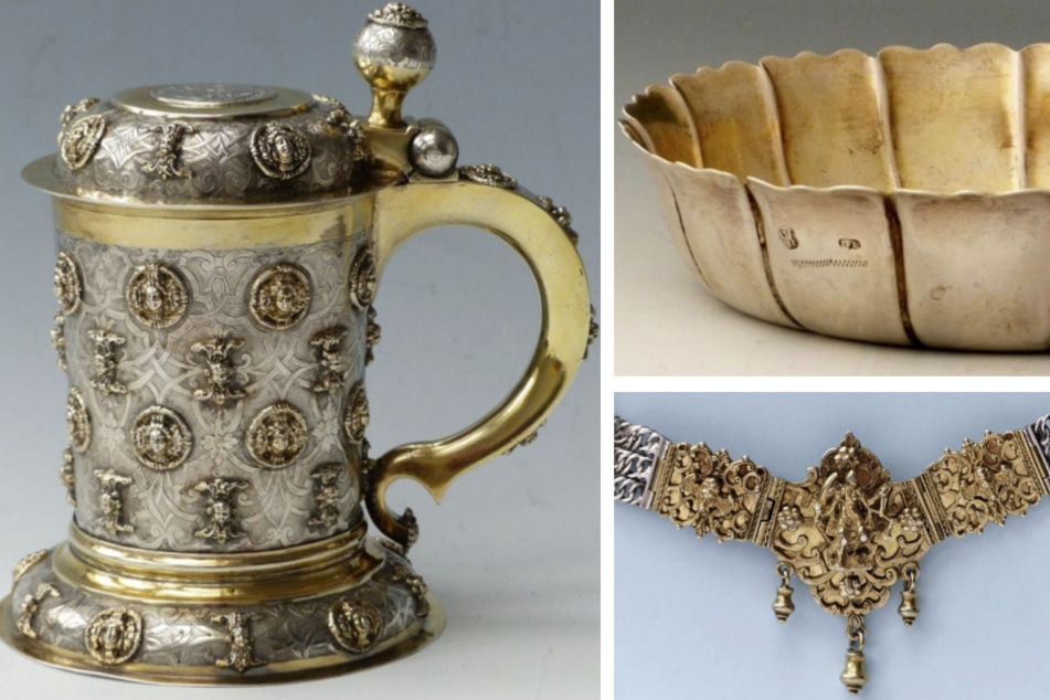 Ein Küstriner Prunkhumpen (l.), eine silberne Erdbeerschale (o.) und eine Amtskette (u.,r.) sind Teile des Silberschatzes aus dem 17. und 18. Jahrhundert.