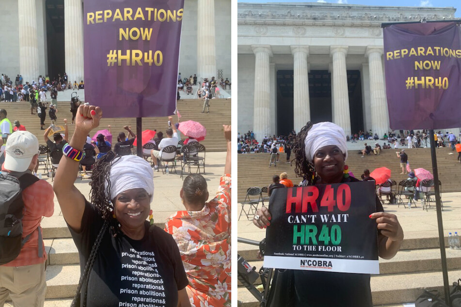 Nkechi Taifa joins a rally in Washington DC to demand that lawmakers bring HR 40 to a full House vote.