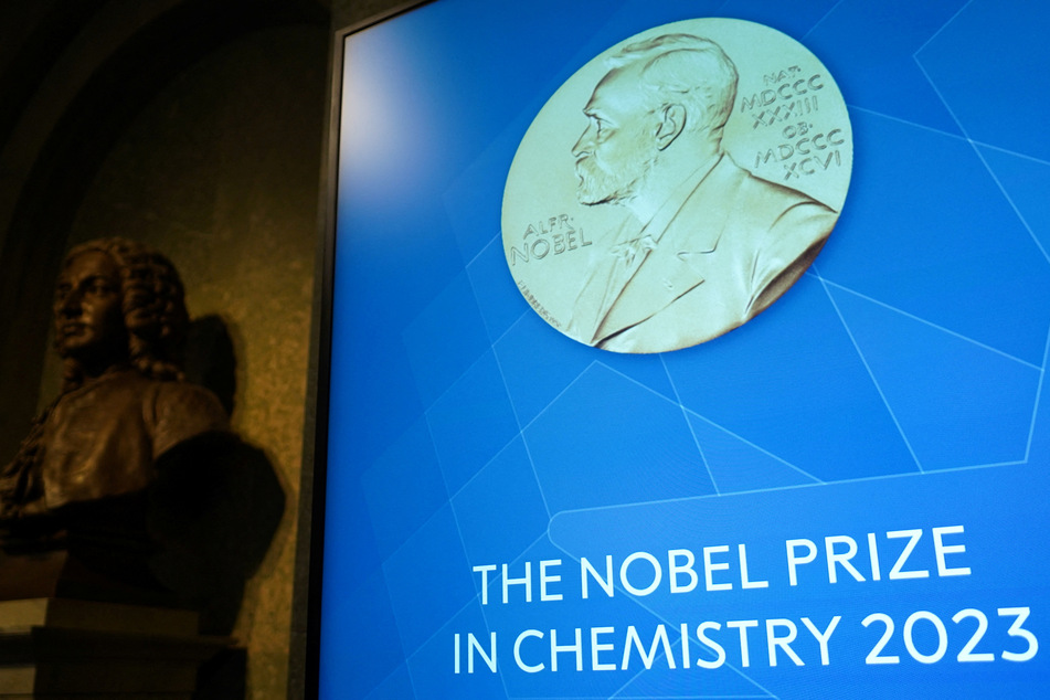 A view of a screen inside the Royal Swedish Academy of Sciences, where the Nobel Prize in Chemistry is announced, in Stockholm, Sweden.