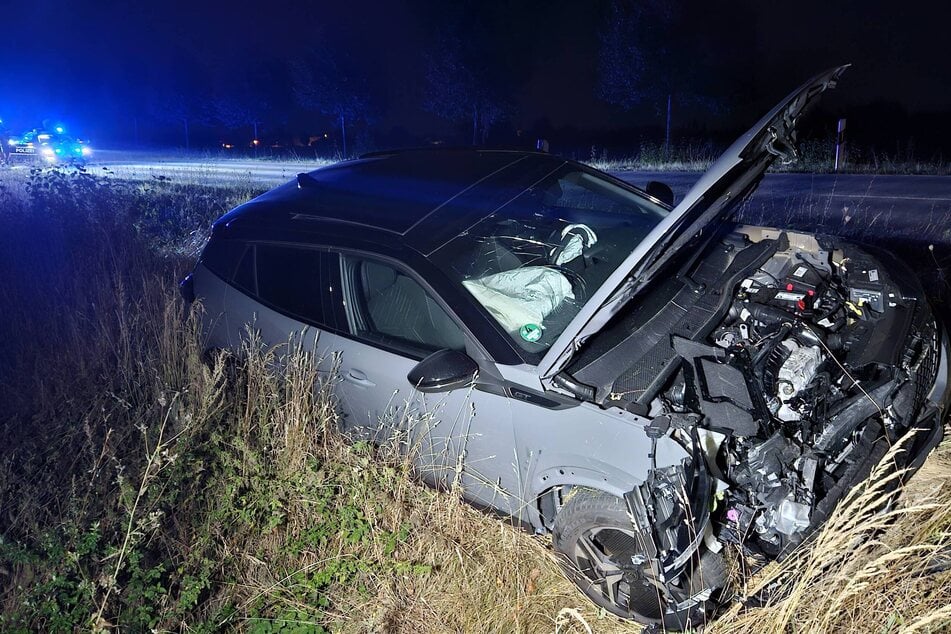 Nach dem Zusammenstoß mit einem Wildschwein landete dieser Wagen im Graben.