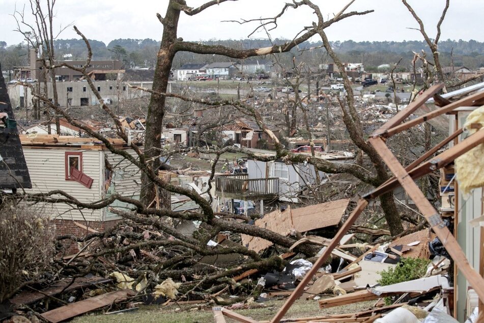 The damaged remains of the Walnut Ridge neighborhood is seen on March 31, 2023, in Little Rock, Arkansas.
