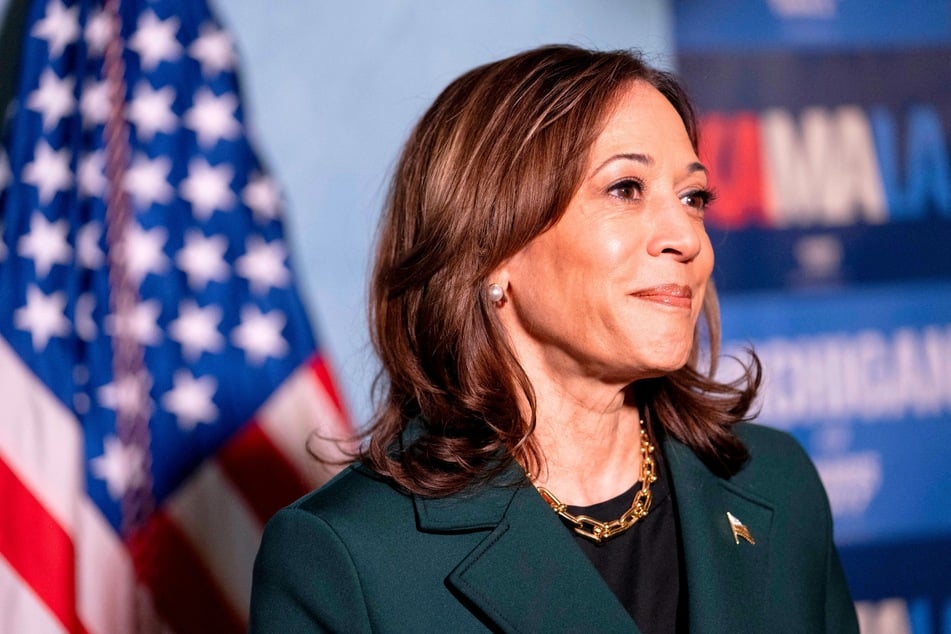 Democratic presidential candidate Kamala Harris speaking with reporters during a recent campaign event.